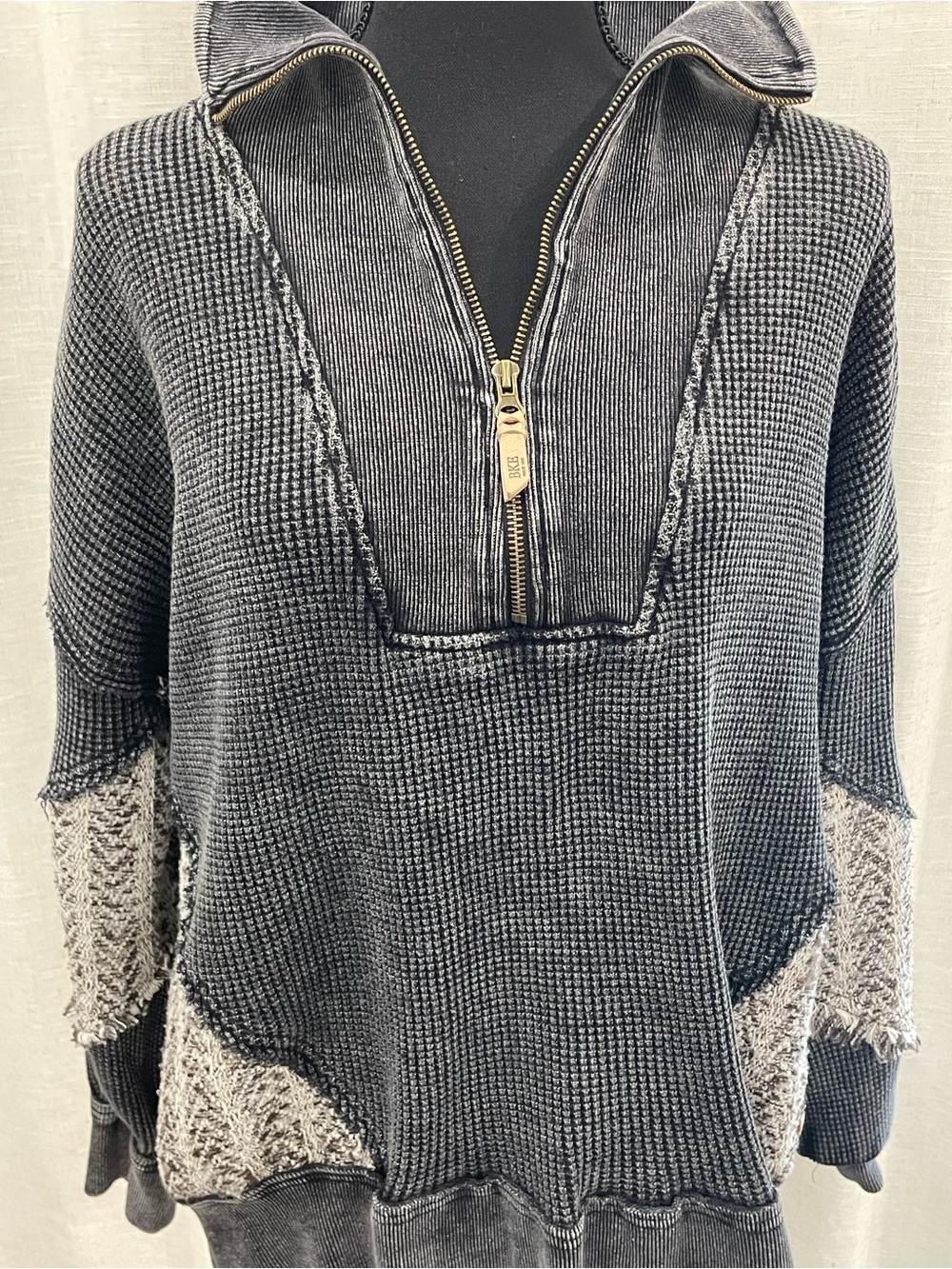 BKE Charcoal Waffle-Knit Half-Zip Hoodie with Cream Panels